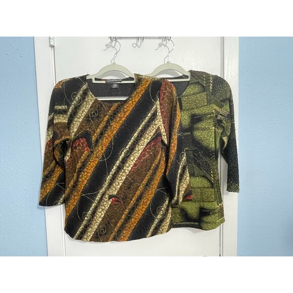 Vintage Elementz Blouse Lot of 2 Small Stretch Knit Abstract Metallic Gold Y2K - Picture 1 of 9